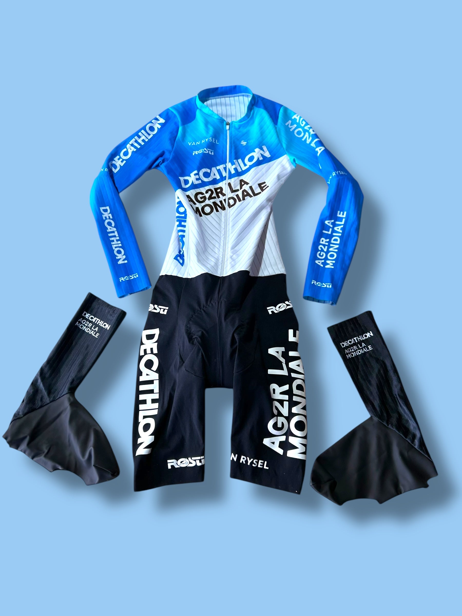 TT Suit Aero Shoe Covers Time Trial Aerosuit CLM | Decathlon AG2R La Mondiale | Rosti | Pro Cycling Kit