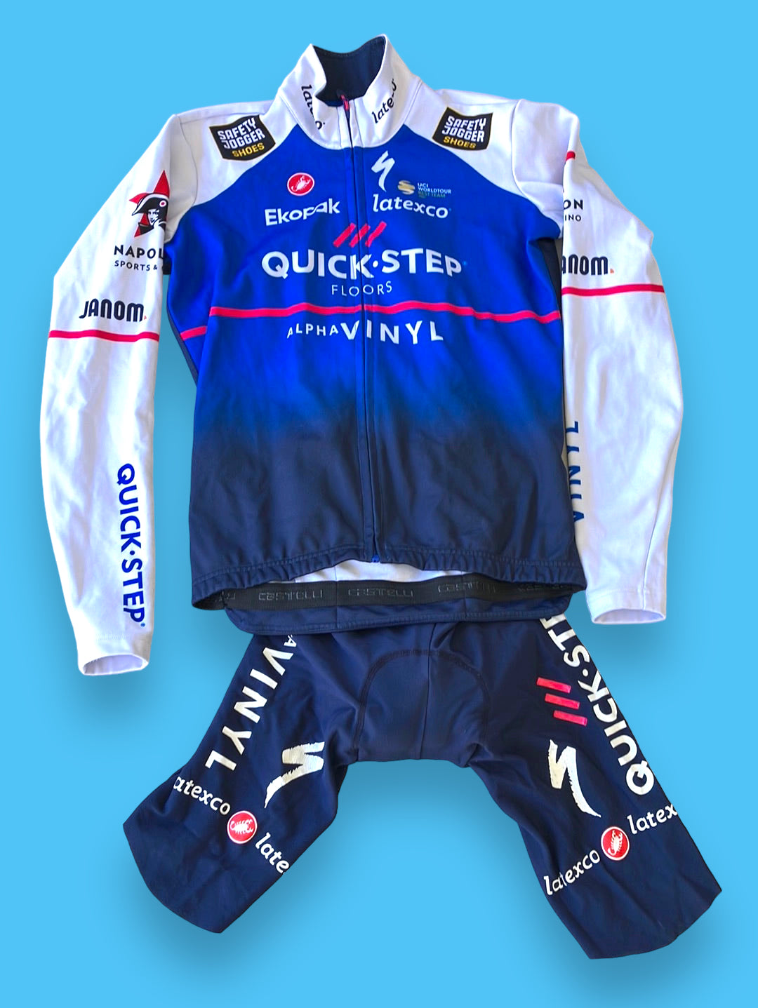 Long Sleeve Thermal Jersey and Bib shorts | Castelli | Blue | Quick-Step Alpha Vinyl / Soudal | Pro Cycling Kit