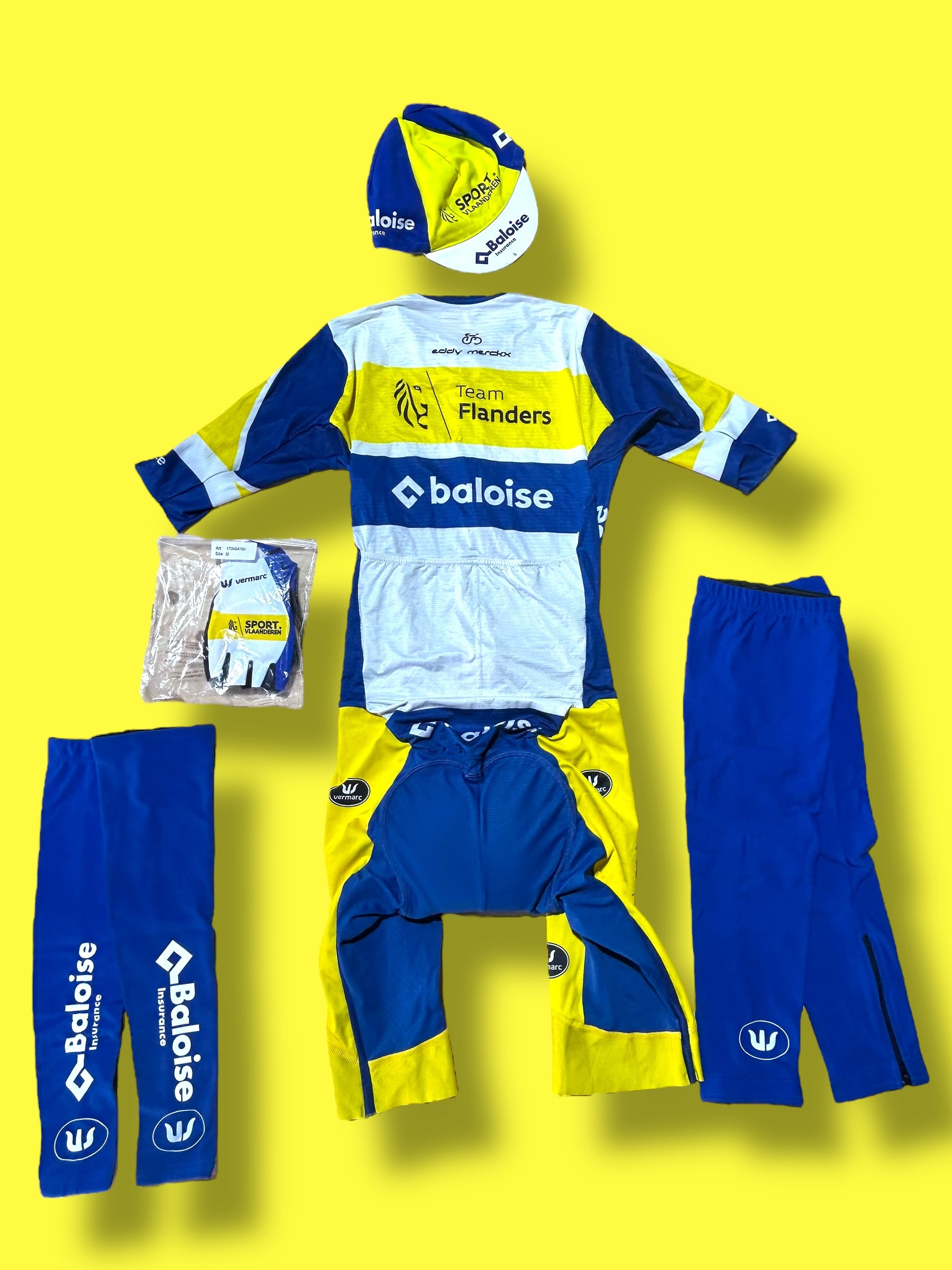 Aerosuit Racesuit, Arm and Leg Warmers, Cap, Mitts | Vermarc | Flanders Baloise| Pro Cycling Kit