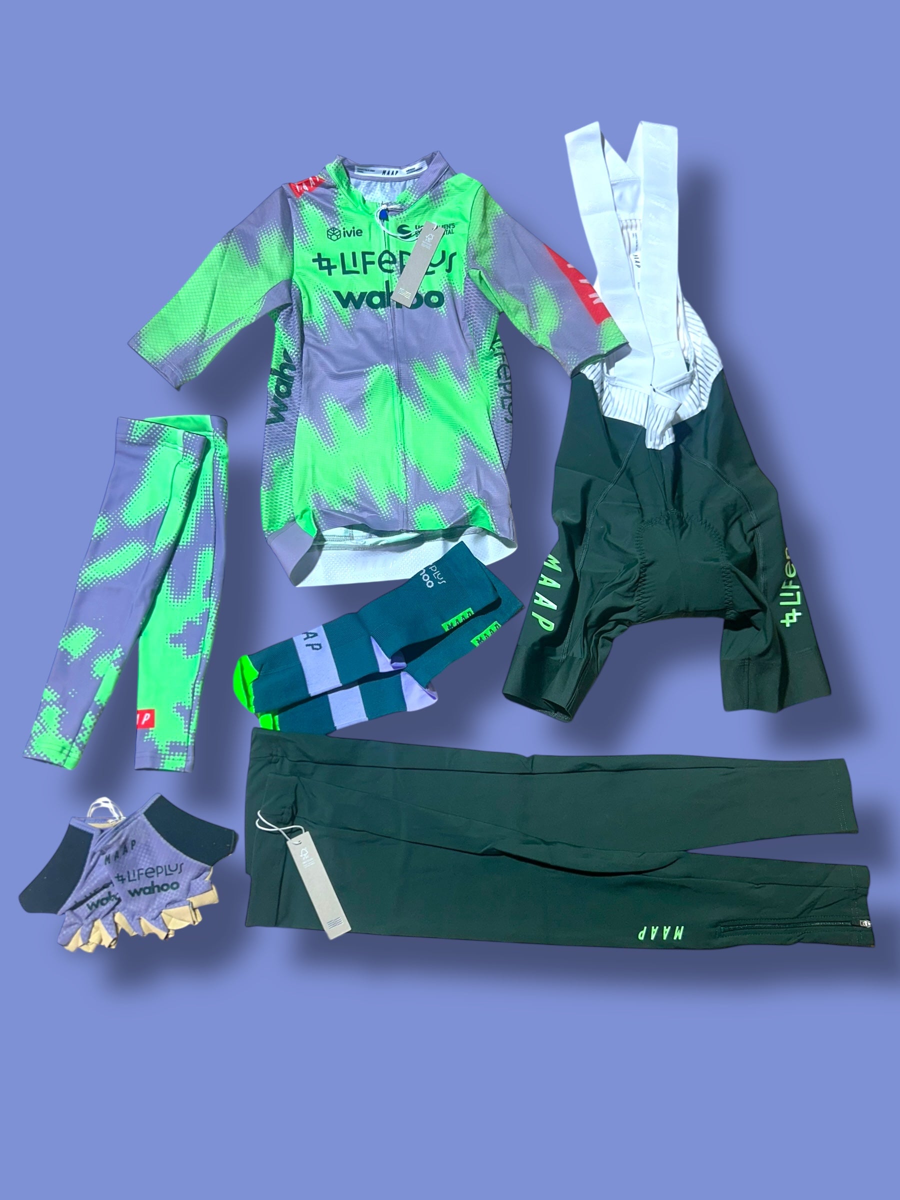 Women's Aero Jersey, Bib Shorts, Arm Warmers, Leg Warmers and Aero Gloves Bundle  | Lifeplus Wahoo  | MAAP  | Pro Cycling Kit
