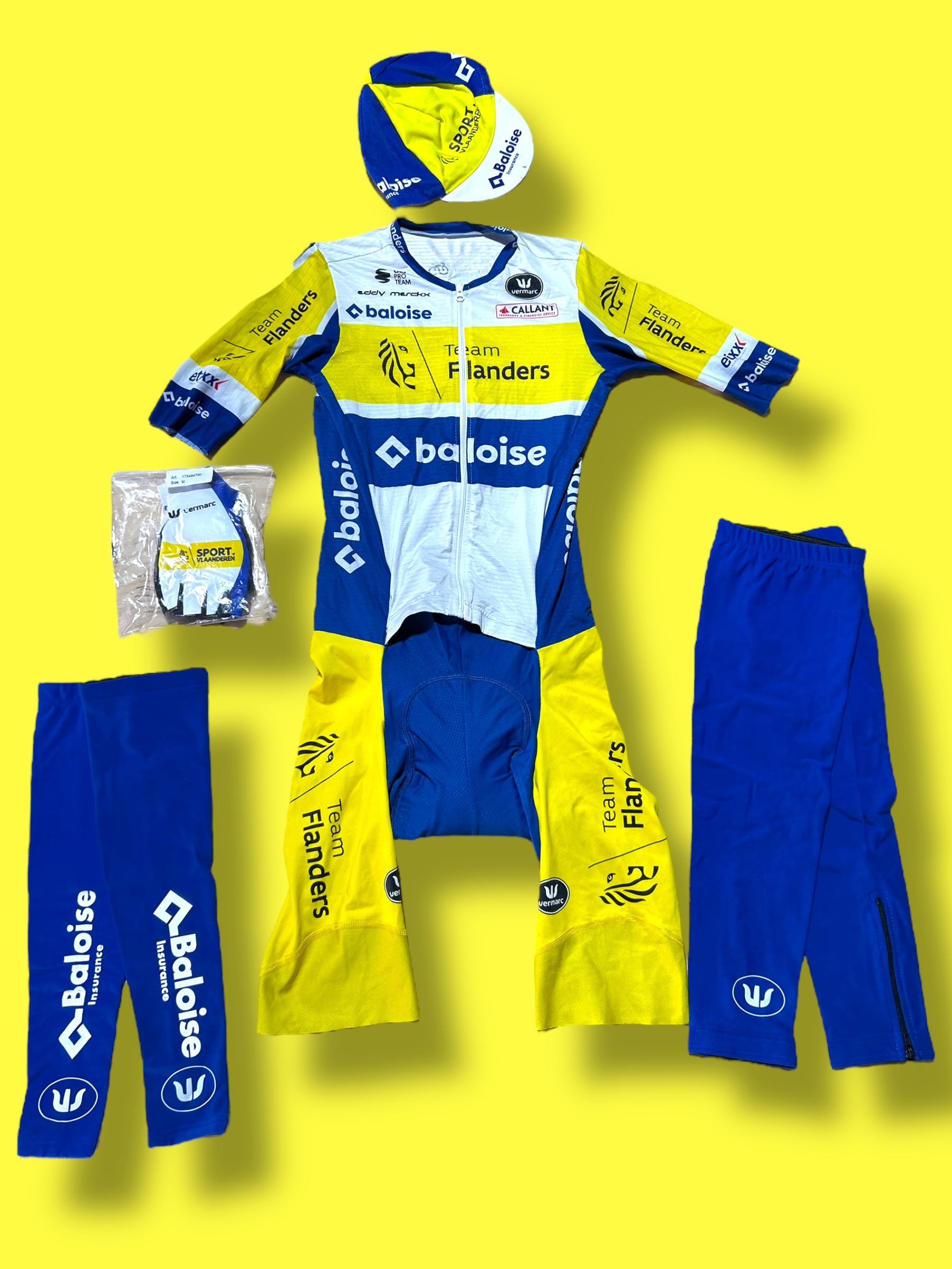 Aerosuit Racesuit, Arm and Leg Warmers, Cap, Mitts | Vermarc |  Flanders Baloise| Pro Cycling Kit