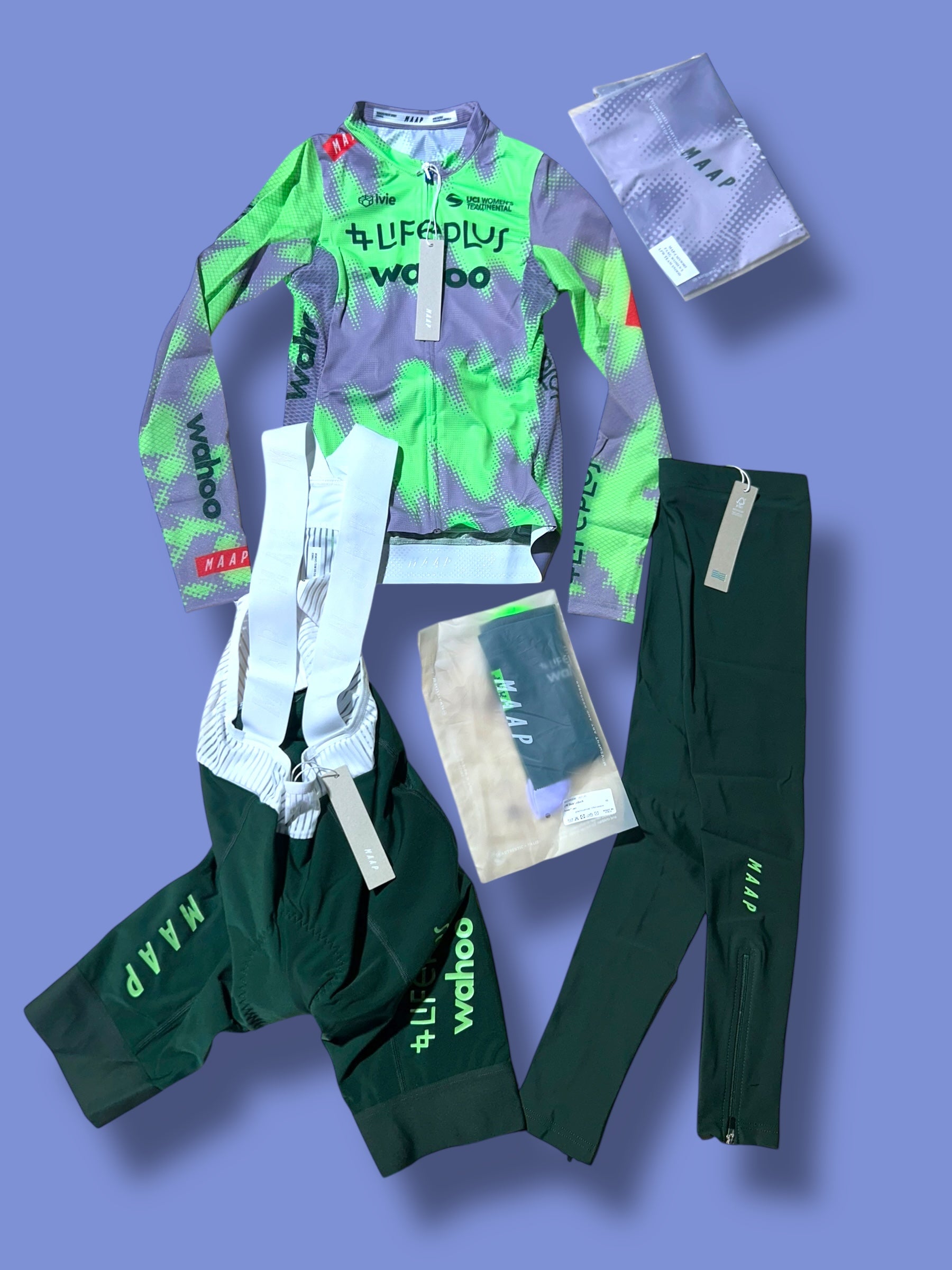 Women's Long Sleeve Aero Jersey, Winter Bib Shorts, Leg Warmers, Socks and Buff    Bundle  | Lifeplus Wahoo  | MAAP  | Pro Cycling Kit