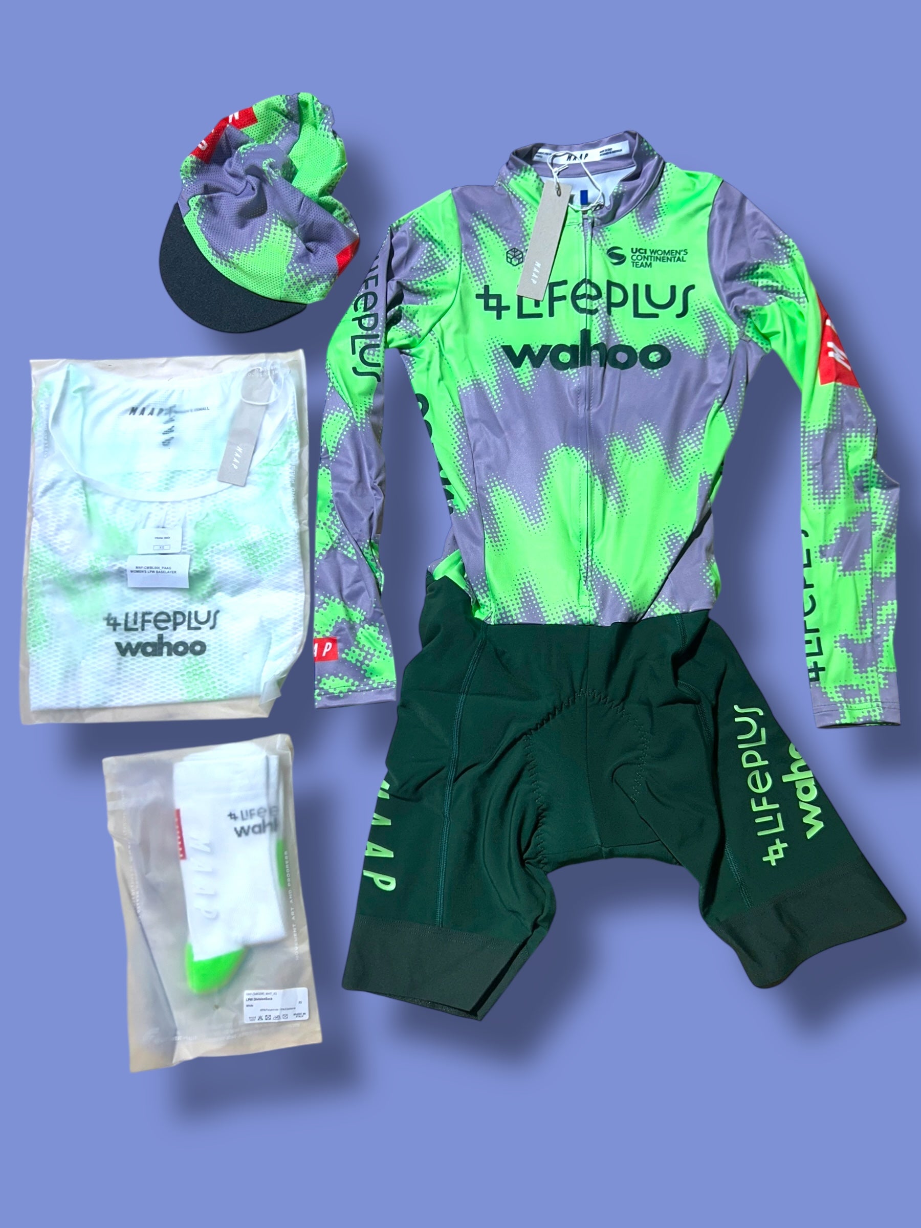 Women's Aerosuit, Cap, Socks, Base Layer Bundle  | Lifeplus Wahoo  | MAAP  | Pro Cycling Kit