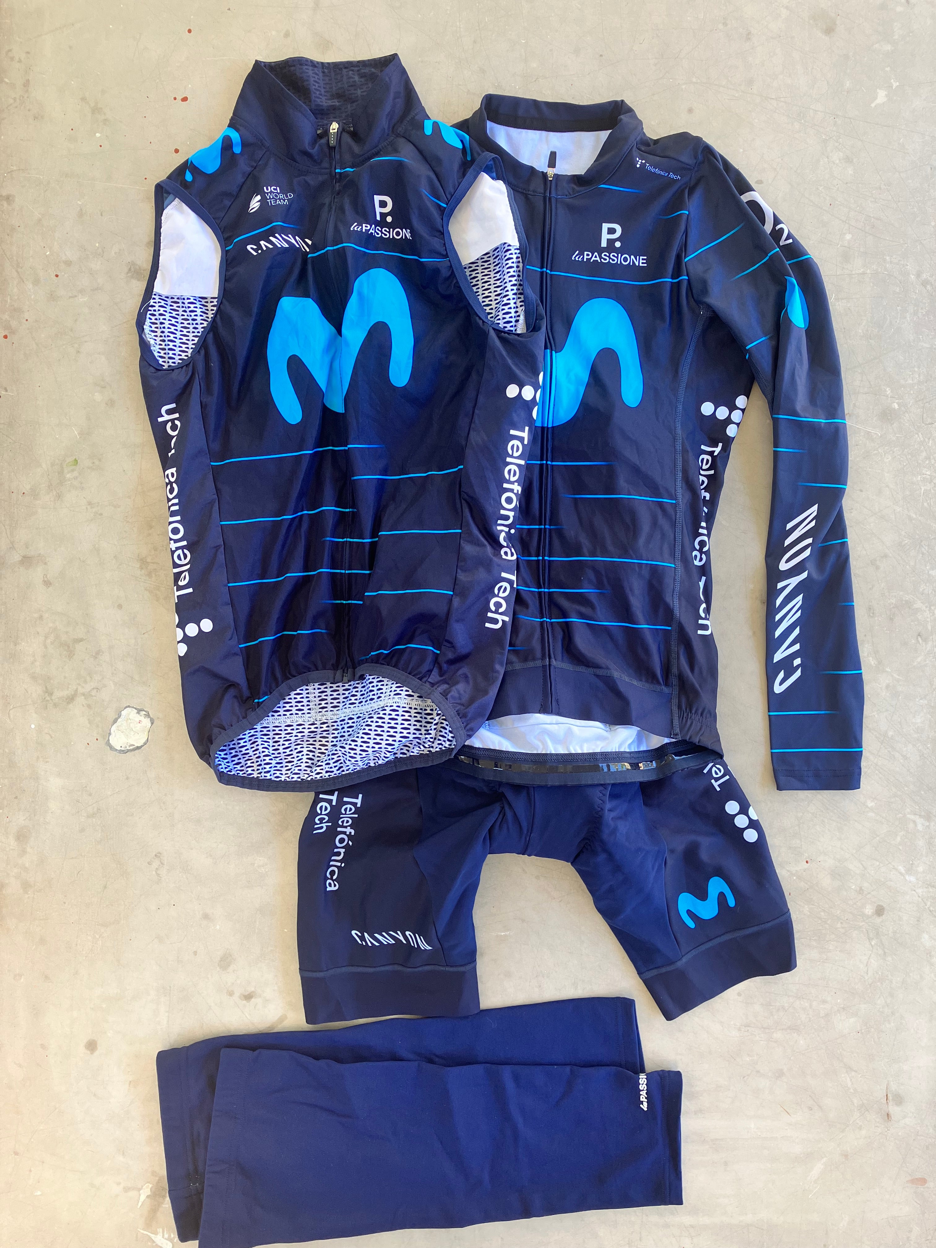 Movistar | La Passione Bundle - Long Sleeve Jersey, Wind Vest, Thermal Bibs, Knee Warmers| XS/S | Rider-Issued Pro Team Kit